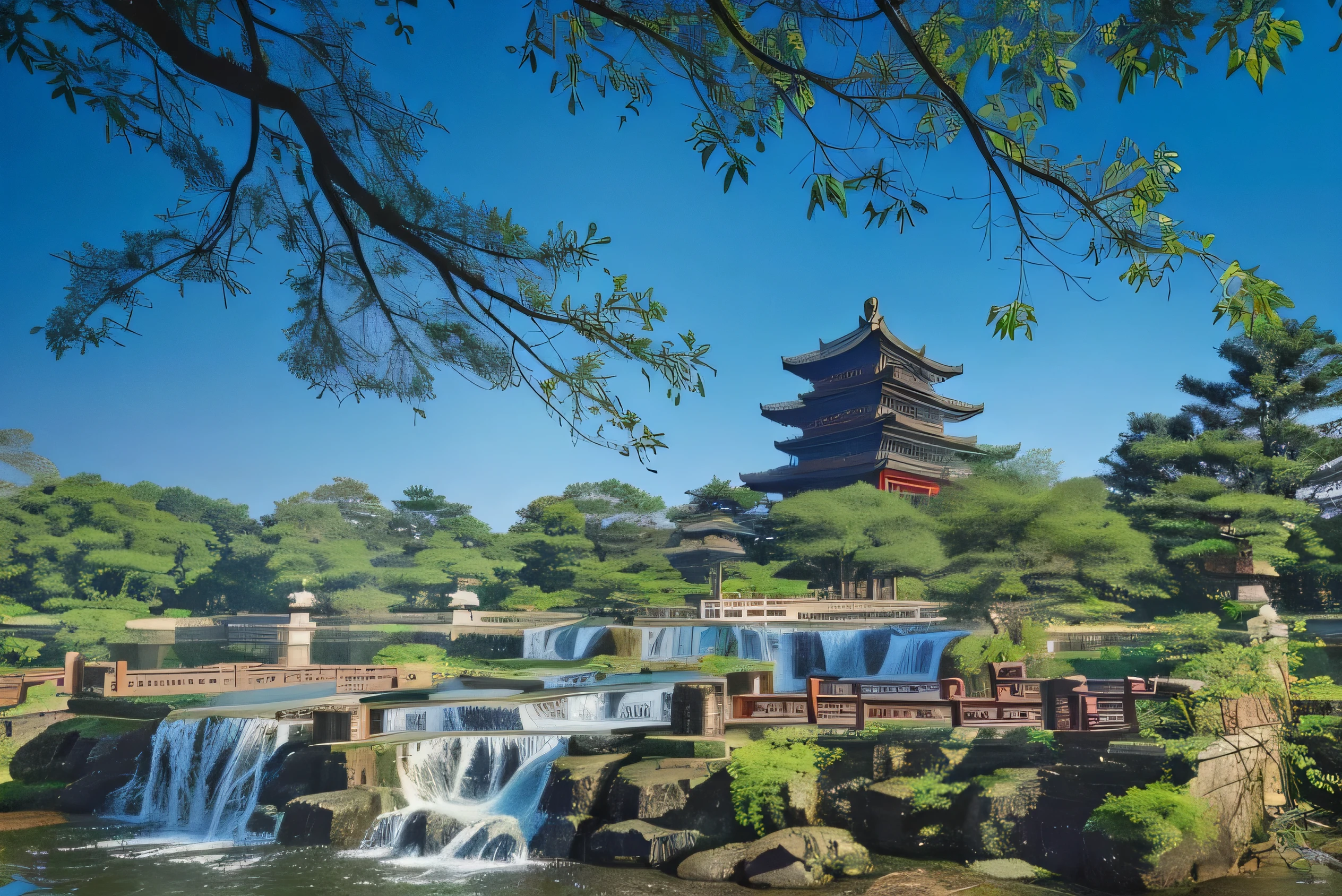 There is a waterfall in the middle of the pond，The background is the pagoda, ancient chinese architecture, Ancient Chinese Tower, Chinese scenery,Tree branches full of green leaves