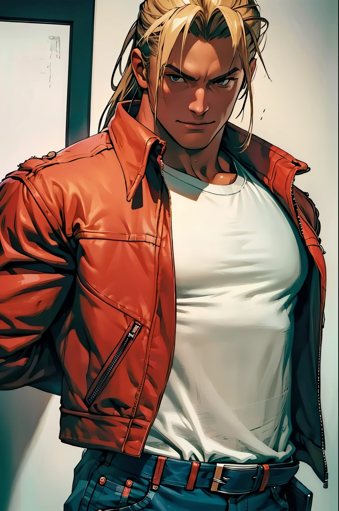 Obra de arte, melhor qualidade, ultra detalhado, detalhe fino Terry Bogard, camisa branca, colete vermelho, cinto preto, jeans azul, meio corpo, cabelo loiro