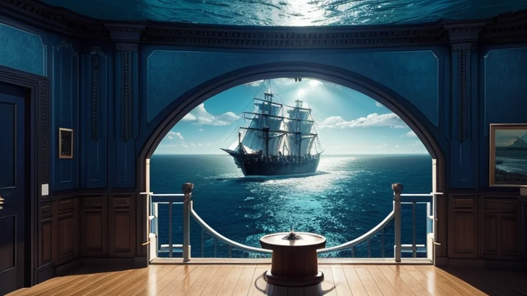 ocean seen from the top, containing old ships, the blue of the ocean is dark, (Age of Discovery, Age of Exploration), (inside the ocean it's possible to see the shining eyes of a way big creature)