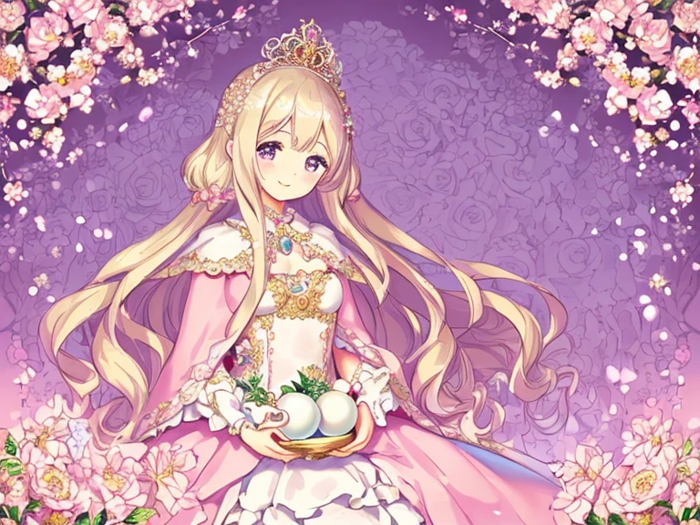 (kawaii),(best quality),(ultra detailed),(rococo style),(long train pastel pink cape:1.15), very long cape,(long train white ball gown with flower decorations:1.1), a girl is wearing a cape over her gown, 1 little princess, tiara, smile, very long hair, small breasts, beautiful detailed eyes, beautiful detailed lips, looking at viewer