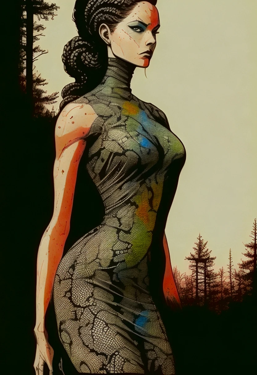 watercolor, charcoal, surreal, animated hand drawn cartoon rotoscope, (full roygbiv color) ink expressive illustration, no light source, darkness, light mask uv rays across face, absurd, with rich color grading, cel shading, warm and unified colors, animated, VHS, glitch, distorted, nostalgia, 90's retro vibe, hyper maximal, strange, hyperrealistic, rotoscope expressive ink bold line hand drawn, in a cinematic style, analog tape, vcr aesthetics, tv, television, hand drawn, minimal, precise, Medusa, splash page decompressed comic cover art, ink style figure, ((expressive Joelle Jones and "Sean Gordon Murphy" comic drawing)), wordless, cinematic poster, , forest green, earth brown), morphology anatomy drawn Frederic Delavier musculature anatomical illustration, (face, ornate black metal corpse paint, resembles Grace Jones), abyss void black no visibility darkness, full length portrait, colors, bleak muted deep fiery radiant glowing ROYGBIV, (background, pine barrens, entropy, rewilding, magic hour sunset, galaxy stars, cosmos), candid, snake skin dress, (body, Naga, snakefolk, lower body snake tail, snake woman hybrid, bald, hairless, skeleton, snake skin tattoos, piercing eyes, snake pupils, over the shoulder), craftsmanship nuance, (Gerardo Zaffino charcoal), (horror, abstract, surreal, body, cosmic), subliminal orchids, nyctophobia, silhouette, double exposure, image within image,