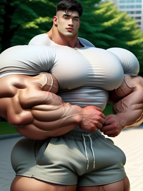 1 asian boy, giant, undercut black haircut, bodybuilder pose, outdoor, at the city green park, strong body, bulk, wear shirt & shorts, bulge, big, brutalmass, giant, muscular body, bulk, massive body, large meaty body size, brown veiny skin, big arms, ballooning meaty pecs, big butt. wet, UHD, Realistic, intricate detail