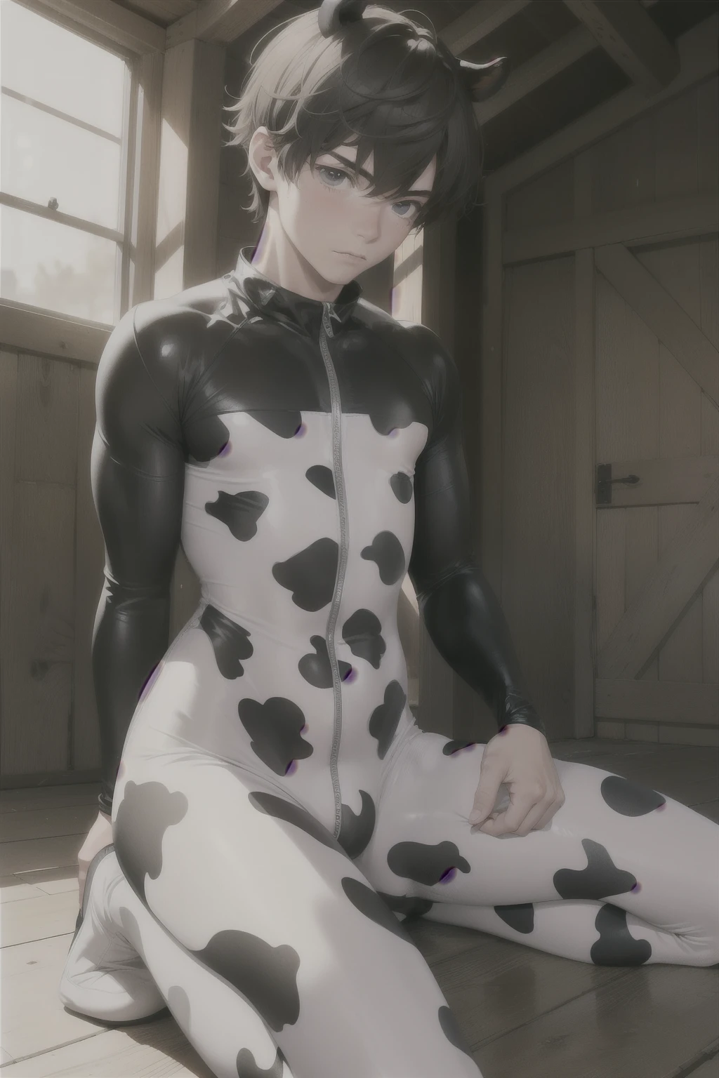 Nervous age boy on the floor in a barn wearing a cow print spandex catsuit