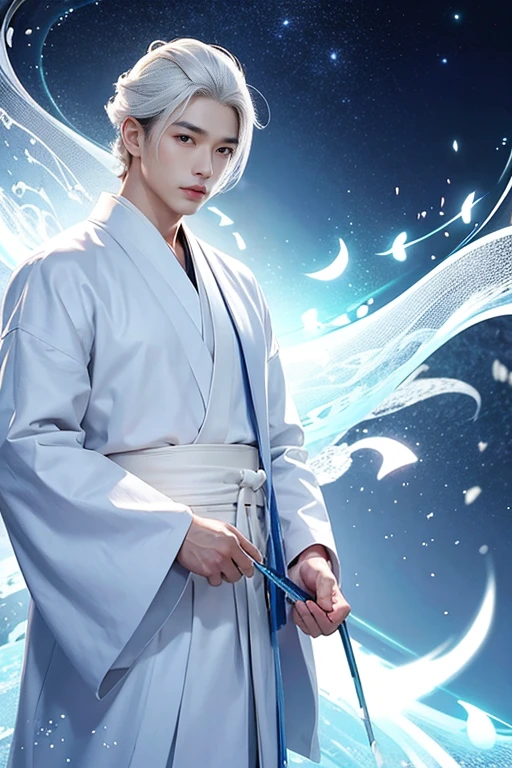 asian man;kimono branco;cabelos pretos e super longos;fundo de imagem branco;imagem;