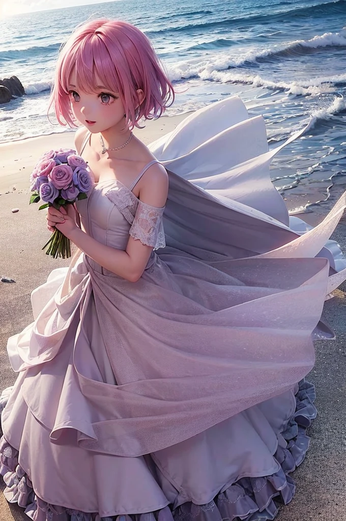 Pink and light blue dreamy hair short hair Purple Eyes beautiful girl wedding White Dress White flower blue sea White sand beach Hair fluttering