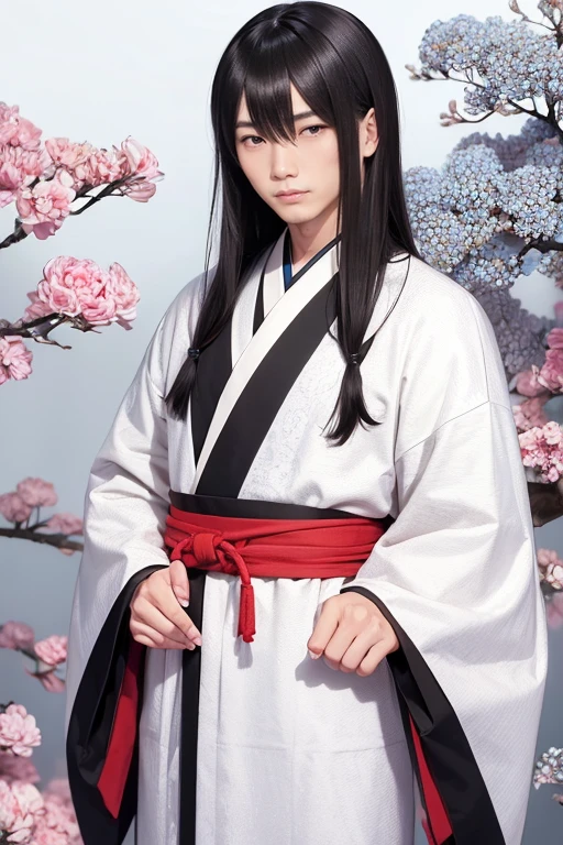 asian man;kimono branco;cabelos pretos e super longos;fundo de imagem branco;imagem;