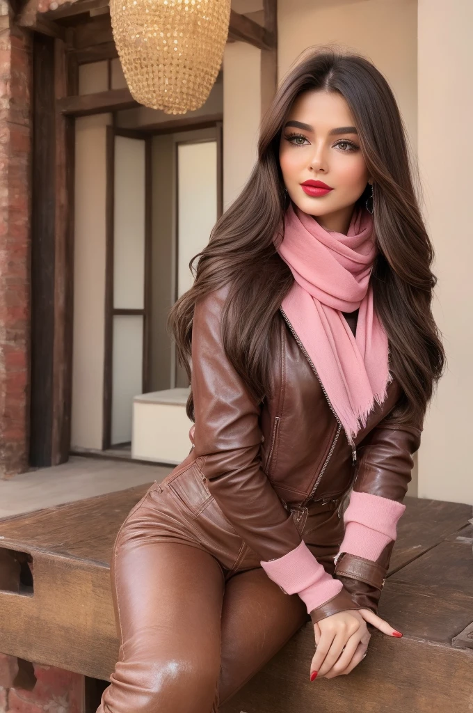 Photorealistic, best quality, hyper detailed, full-body picture. Gorgeous, pretty, warm-hearted, kind-hearted, good-hearted, stunning, cheerful, sweet, polite, sensitive, sensible, shiny, charming, alluring, dreamy, graceful, classy, stylish, flowing quite long brown haired azerbaijani woman with the cutest face, skin, soft make-up, red lipstick, she is wearing a leather jacket, skinny trousers, riding boots, and a pink scarf.