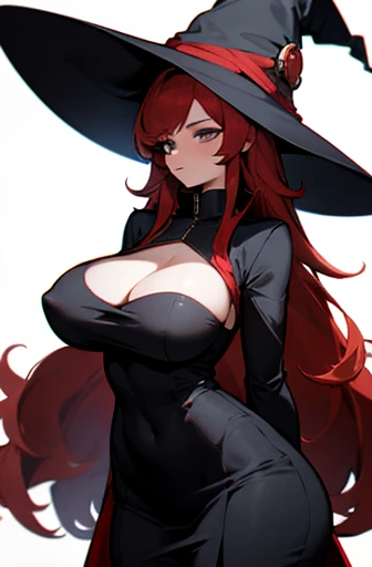 Big boobs, red hair, tall, black tight dress, witch hat