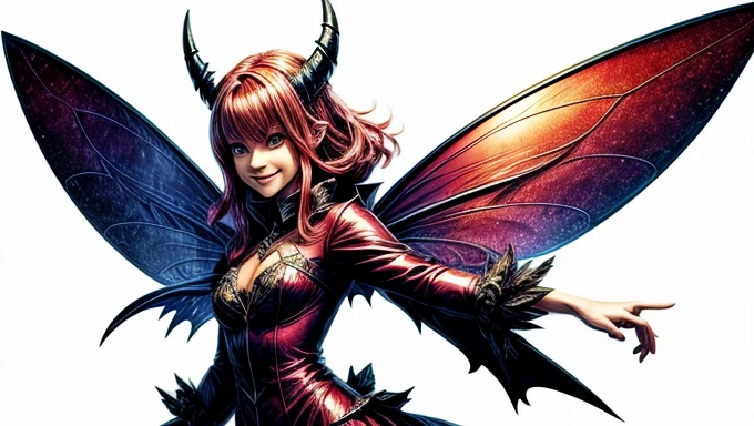 a flying devilish fairy, full body front shot, evil smile, looking to viewer, isolated on white background