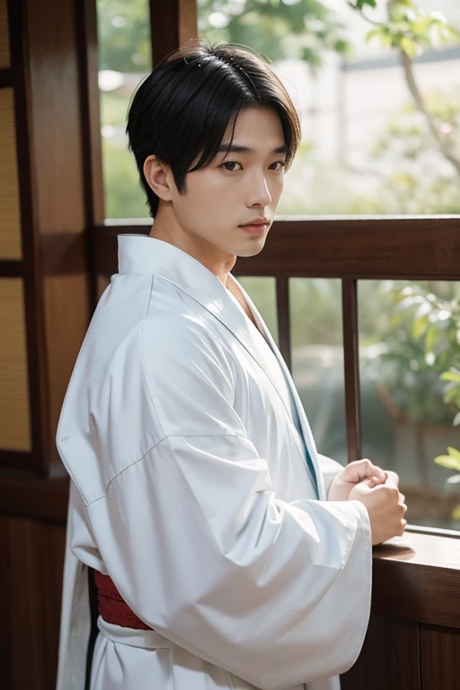 asian man;kimono branco;cabelos pretos e super longos;fundo de imagem branco;imagem;