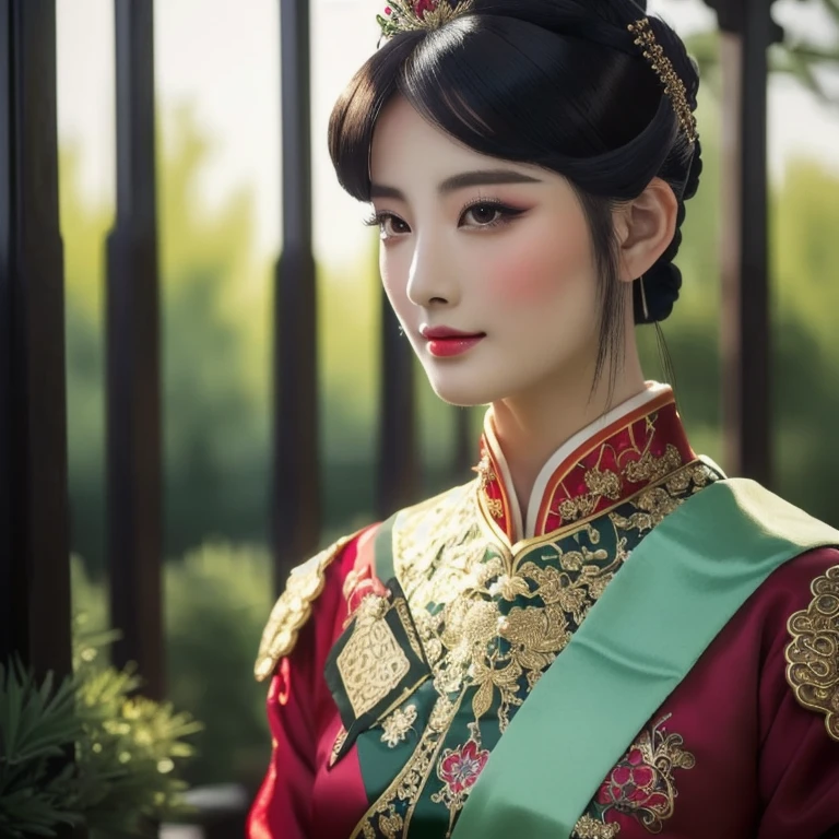 Close-up of a woman wearing a black dress, red and green, traditional chinese, Chinese style, Chinese woman, traditional makeup, Chinese girl, Chinese princess, Asian face, oriental face, Empress of China, Chinese dress, Chinese dress, traditional beauty, Southeast Asians with round faces, Inspired by Tang Di, Chinese heritage, Gorgeous Chinese model, traditional, beautiful oriental woman