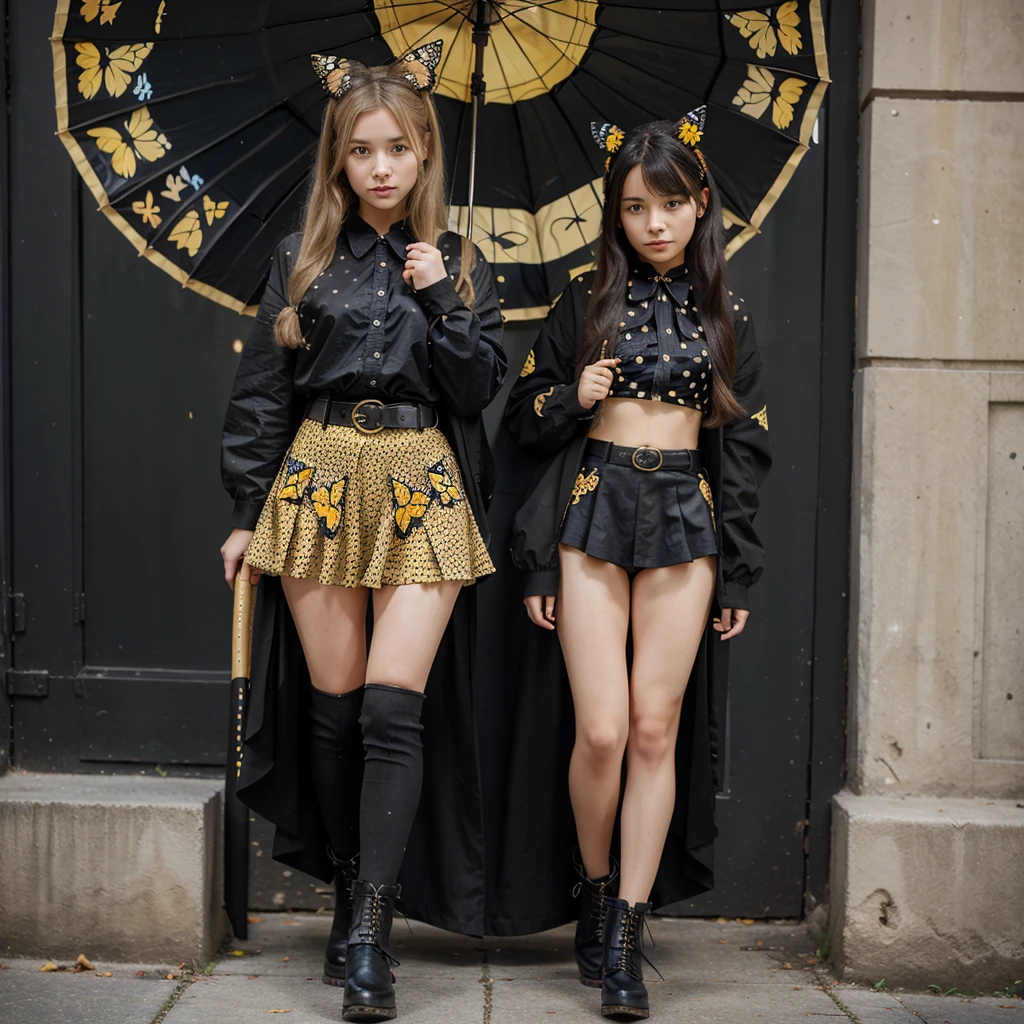 Girl with long black skirt with butterfly designs with her belt and loose golden hair with butterfly ears with black booties with her black umbrella with yellow spots