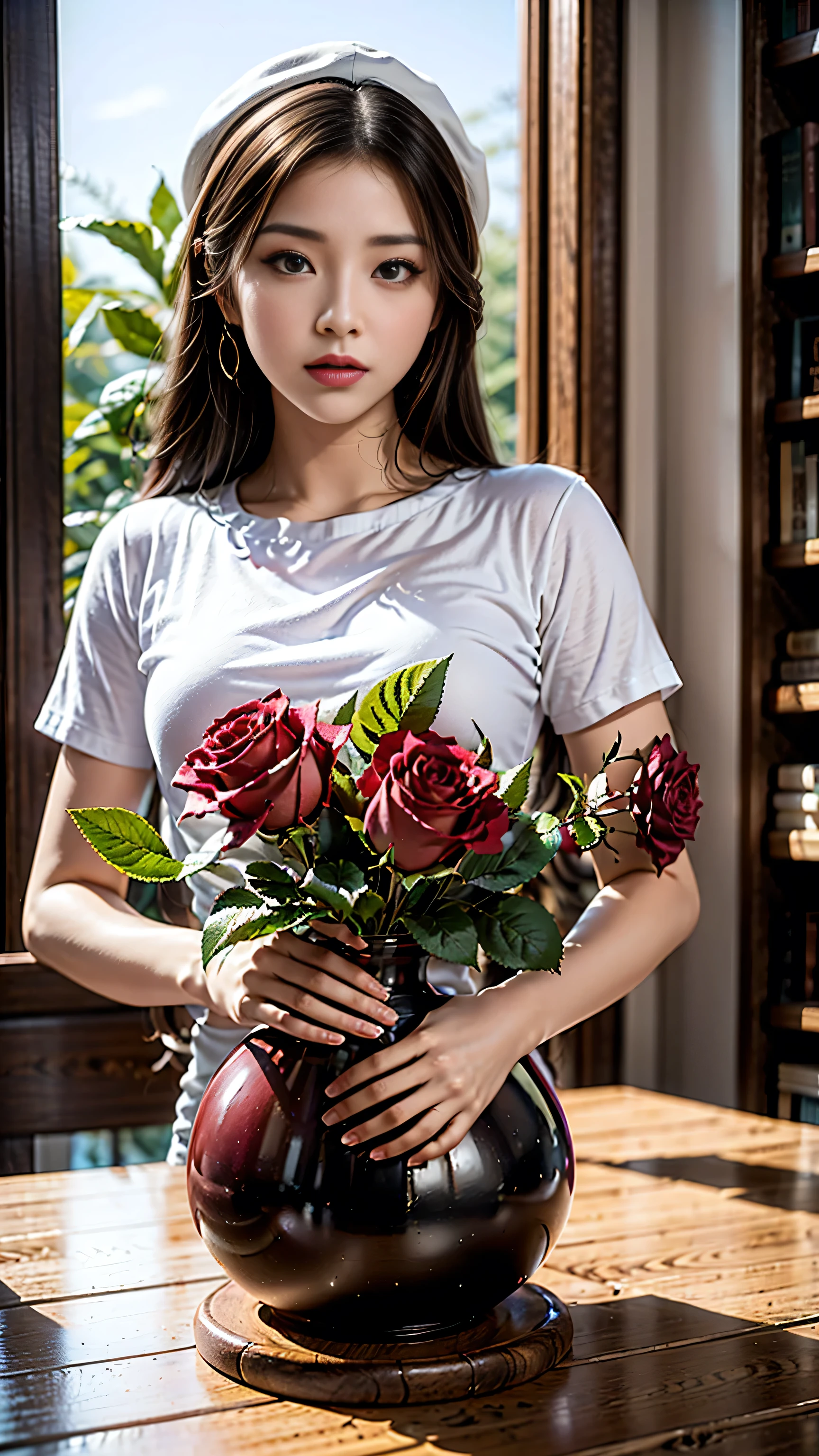 (最high quality, 8K, tabletop, Ultra HD), (photorealistic), , (sharp focus), ((highest resolution)), ((1 girl: 1.3)) 20 years old, architecture, book, bookshelf, bowlcandle, flower, hat, indoors, long, hair, red, flower, red rose, rose scenery, scroll, table, vase, window,