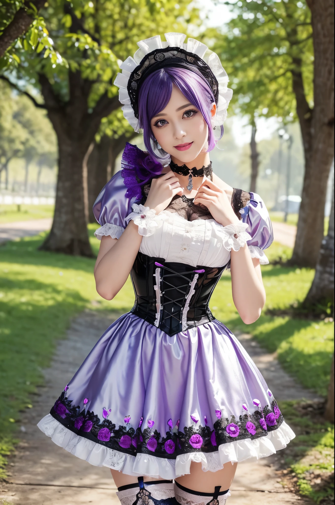 (nsfw), sexy stylish Swedish model, only 1 female, ((doll-like appearance)), short purple stylish hair, ((shiny Victorian-Style boots)), (big smile), ultra detailed eyes, vivid eye makeup, lipgloss, long lashes, defined eyebrows, ((sexy Paradise Kiss cosplay)), bell-shaped skirt, petticoats, high neckline, puffed sleeves, ((ultra detailed lace)), ((ultra detailed embroidery)), intricate details, Paradise Kiss accessoires and matching headpiece, choker, ((large sparkling Paradise Kiss jewelry)), cinematic light, detailed large park background with trees