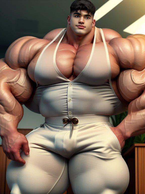 1 asian boy, giant, undercut black haircut, bodybuilder pose, indoor, at the studio, strong body, bulk, wear white suit & pants, bulge, big, brutalmass, giant, muscular body, bulk, massive body, large meaty body size, brown veiny skin, big arms, ballooning meaty pecs, big butt. wet, UHD, Realistic, intricate detail