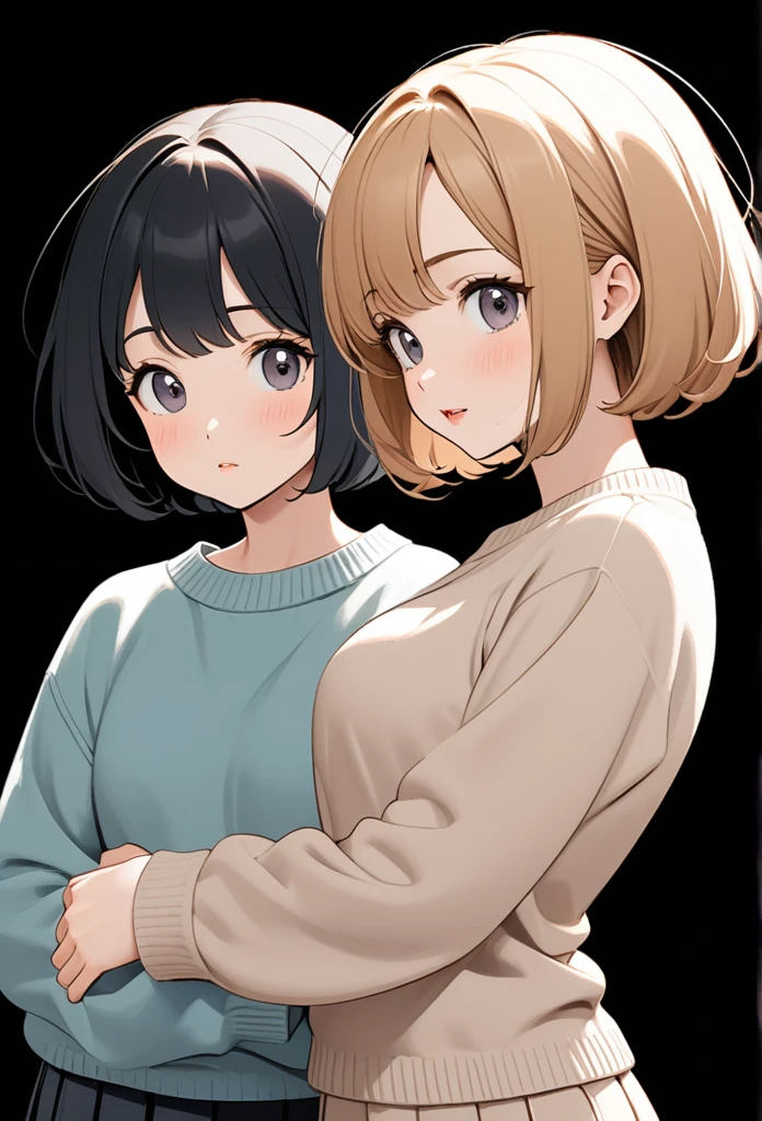Black and white cartoon style、30 years old、Beautiful Wife、Short Bob Hair、sweater、skirt、Background white、No background、