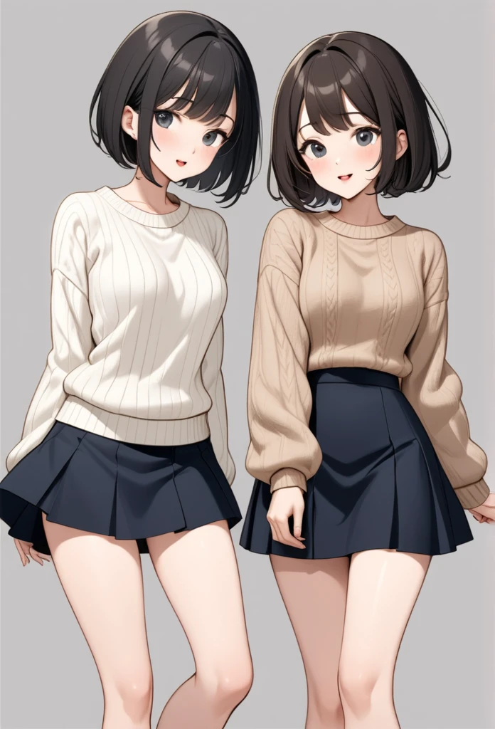 Black and white cartoon style、30 years old、Beautiful Wife、Short Bob Hair、sweater、skirt、Background white、No background、