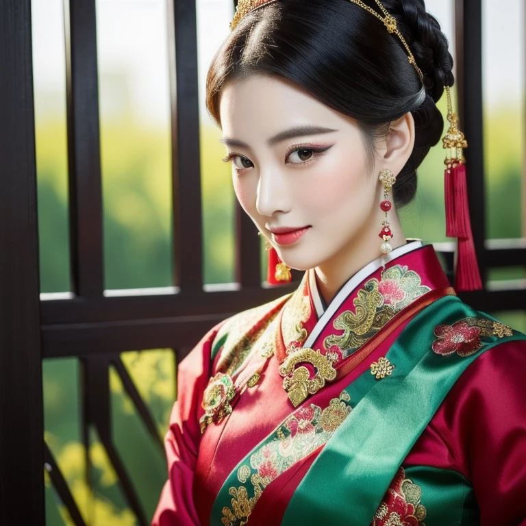 Close-up of a woman wearing a black dress, red and green, traditional chinese, Chinese style, Chinese woman, traditional makeup, Chinese girl, Chinese princess, Asian face, oriental face, Empress of China, Chinese dress, Chinese dress, traditional beauty, Southeast Asians with round faces, Inspired by Tang Di, Chinese heritage, Gorgeous Chinese model, traditional, beautiful oriental woman