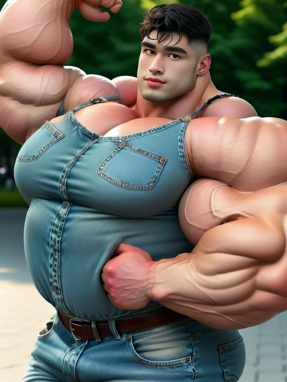 1 asian boy, giant, undercut black haircut, bodybuilder pose, outdoor, at the city green park, strong body, bulk, wear denim underpants, bulge, big, brutalmass, giant, muscular body, bulk, massive body, large meaty body size, brown veiny skin, big arms, ballooning meaty pecs, big butt. wet, UHD, Realistic, intricate detail