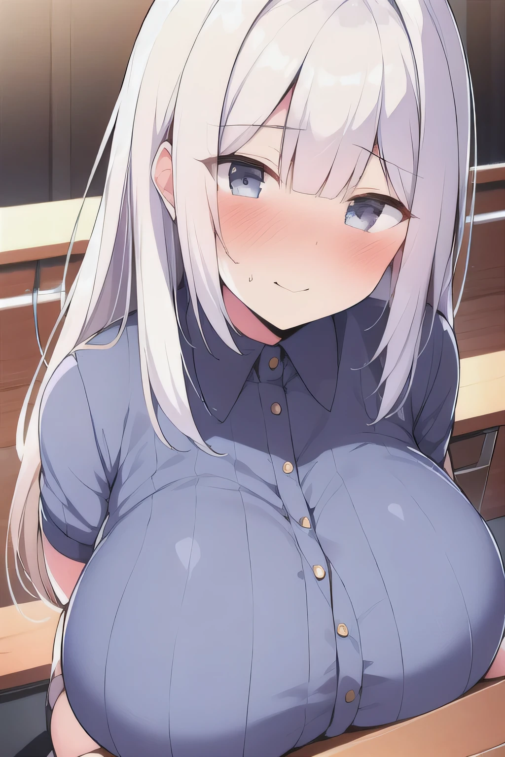 White hair,cute,blushing,big breasts,sitting on a desk,girl
