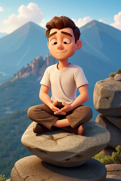 A guy sitting on a big rock in meditation