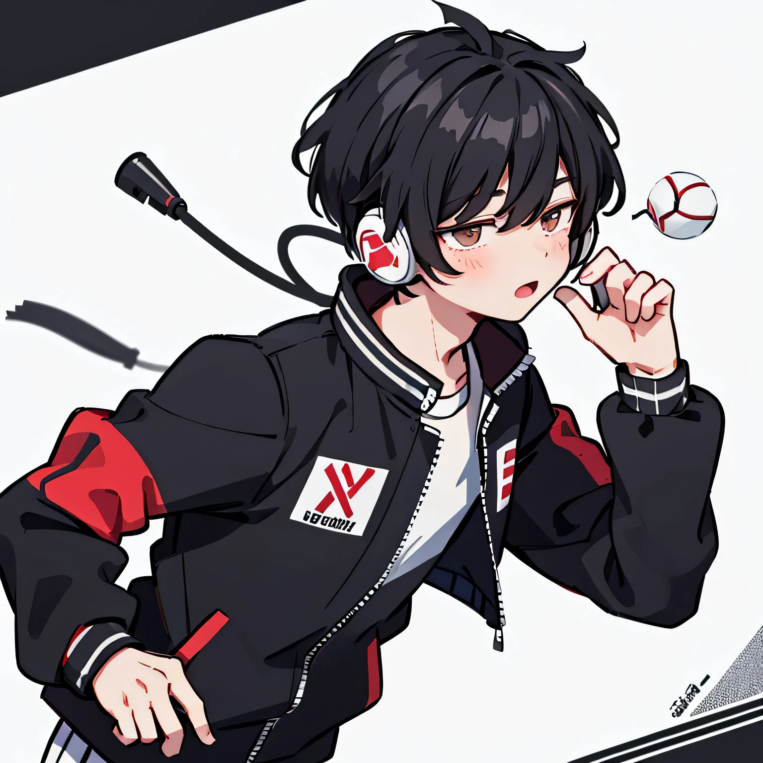 a black haired boy wearing a baseball jacket and headphones