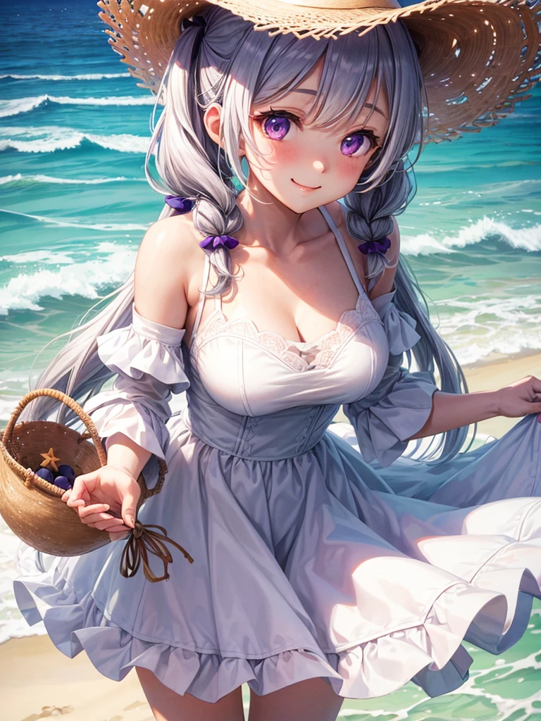 highest quality, masterpiece, , ,short, Huge breasts, Gray Hair,Low twin tails, Purple eyes, Yukinecris, Thin twin tails,, Beach, Ocean, White Dress, White Skirt, White dress, Straw hat, (((shy))), (Happy), Leaning forward, summer, From above, Reaching out, smile,