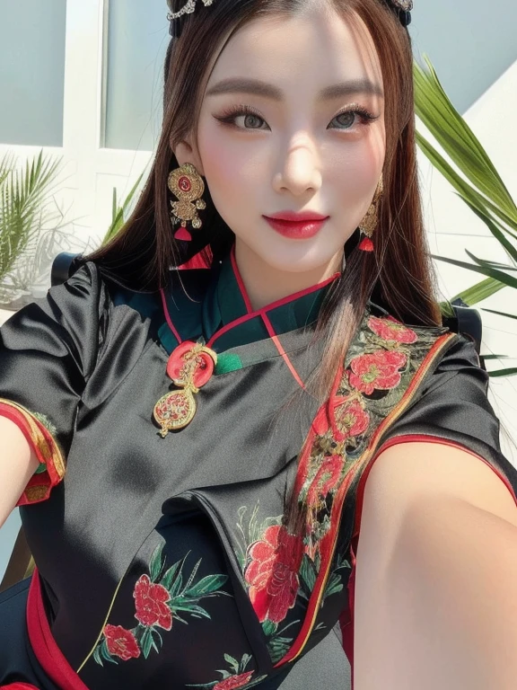 Close-up of a woman wearing a black dress, red and green, traditional chinese, Chinese style, Chinese woman, traditional makeup, Chinese girl, Chinese princess, Asian face, oriental face, Empress of China, Chinese dress, Chinese dress, traditional beauty, Southeast Asians with round faces, Inspired by Tang Di, Chinese heritage, Gorgeous Chinese model, traditional, beautiful oriental woman