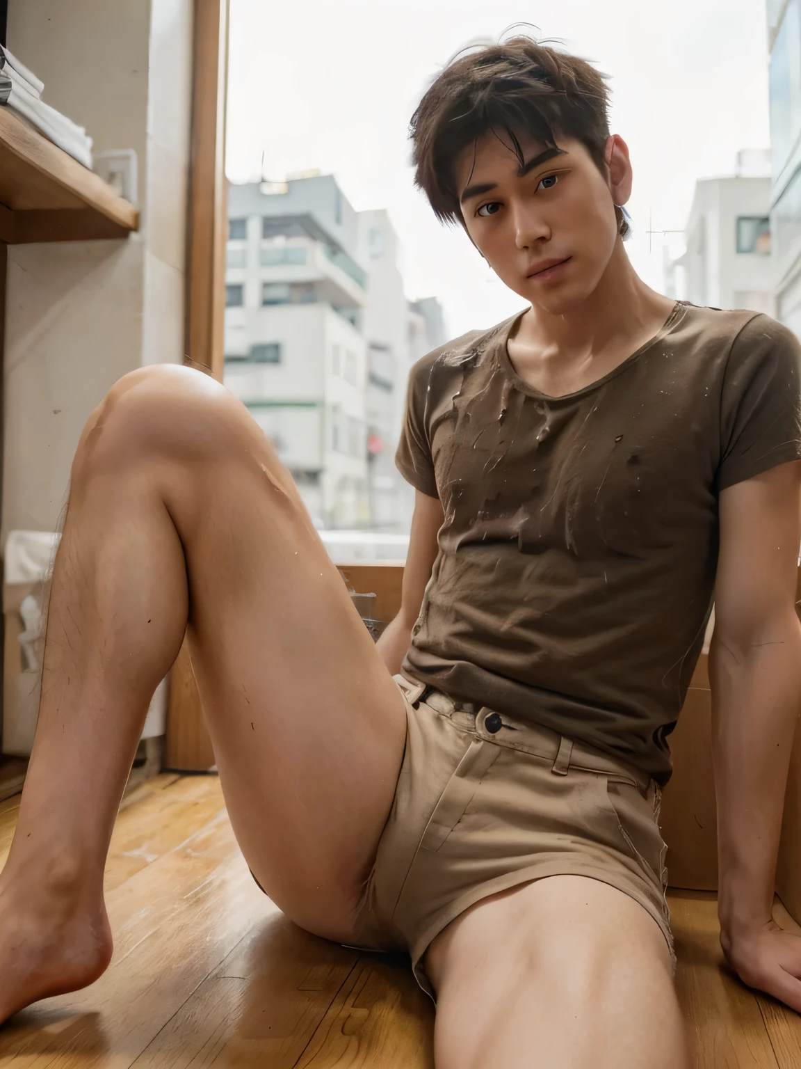 ((super sharp focus)), ((hairy legs)), hairy legs, toned legs, whole body, two block, Messy short hair, long legs, Japan male, 27 years old, wearing beige shorts, wearing a black T-shirt, very short hair, black hair