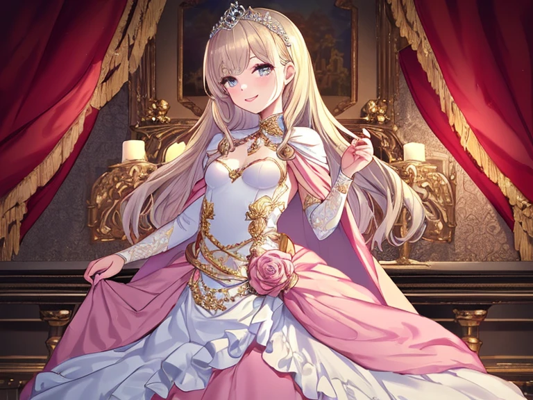 (kawaii),(best quality),(ultra detailed),(rococo style),(long train pastel pink cape:1.15), very long cape,(long train white ball gown with flower decorations:1.1), a girl is wearing a cape over her gown, 1 little princess, tiara, smile, very long hair, small breasts, beautiful detailed eyes, beautiful detailed lips, looking at viewer
