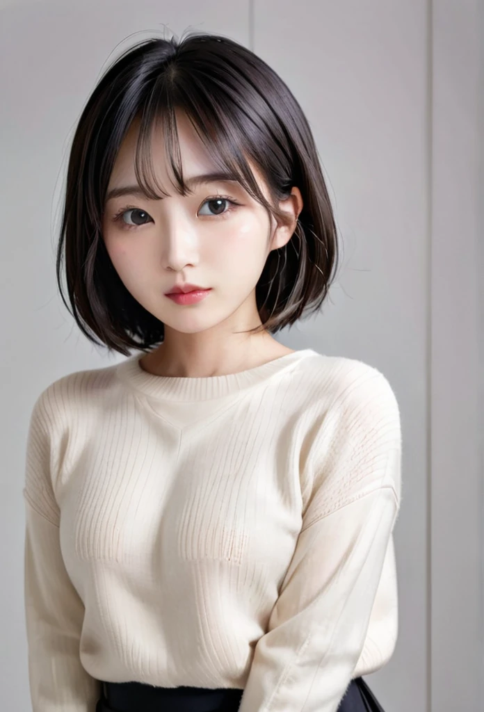 Black and white cartoon style、30 years old、Beautiful Wife、Short Bob Hair、sweater、skirt、Background white、No background、
