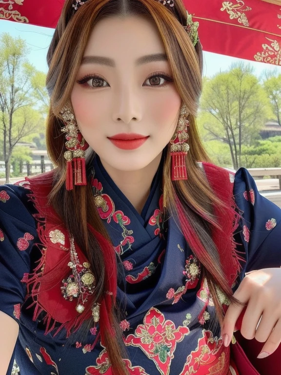 Close-up of a woman wearing a red and green dress, traditional chinese, Chinese style, Chinese woman, traditional makeup, Chinese girl, Chinese princess, Asian face, oriental face, Empress of China, Chinese dress, Chinese dress, traditional beauty, Southeast Asians with round faces, Inspired by Tang Di, Chinese heritage, Gorgeous Chinese model, traditional, beautiful oriental woman