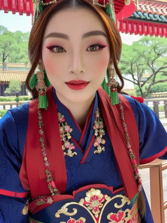 Close-up of a woman wearing a red and green dress, traditional chinese, Chinese style, Chinese woman, traditional makeup, Chinese girl, Chinese princess, Asian face, oriental face, Empress of China, Chinese dress, Chinese dress, traditional beauty, Southeast Asians with round faces, Inspired by Tang Di, Chinese heritage, Gorgeous Chinese model, traditional, beautiful oriental woman