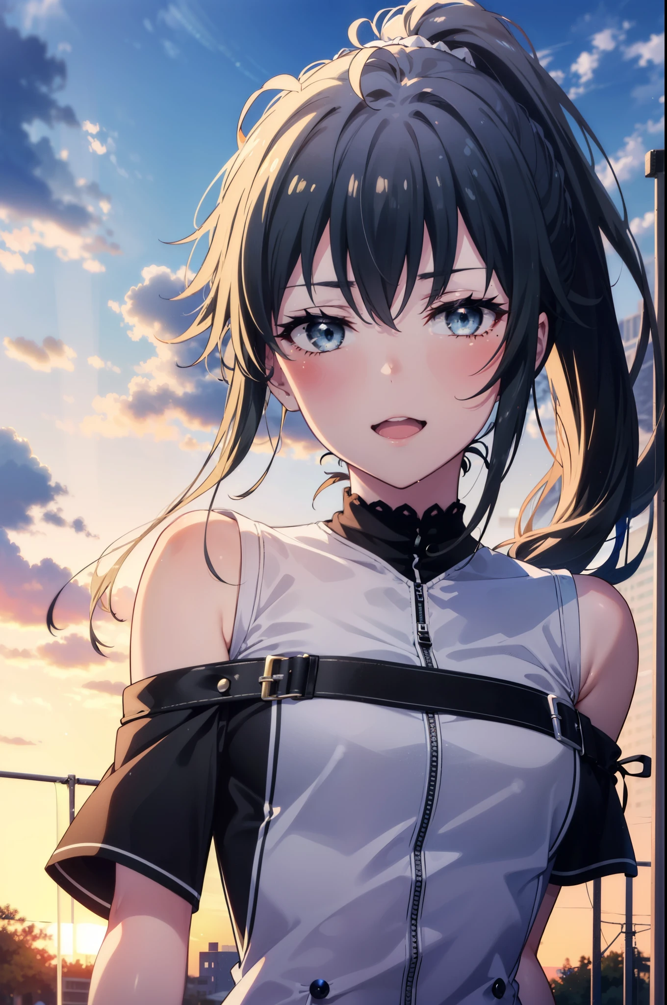 yukinoyukinoshita, yukino yukinoshita, Black Hair, blue eyes, Long Hair, Ahoge,ponytail,happy smile, smile, Open your mouth,Cold shoulder tops,Short sleeve,skinny pants,Stiletto heels,Walking,morning,morning陽,The sun is rising,whole bodyがイラストに入るように,
break outdoors, In town,Building district,
break looking at viewer, whole body,
break (masterpiece:1.2), highest quality, High resolution, unity 8k wallpaper, (figure:0.8), (Beautiful fine details:1.6), Highly detailed face, Perfect lighting, Highly detailed CG, (Perfect hands, Perfect Anatomy),