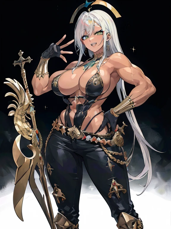 (Obra de arte, melhor qualidade), (high resolution, ultra-detalhado), (absurdos, Anatomia perfeita), ao ar livre, 1 garota, Sozinho, vestir, Interjection, seios grandes, bronzeado, colar, mangas brancas, coxas, muscular, coxas, corpo todo, sacerdotisa, igreja, religous, pants, casaco, estacionar, botas, May