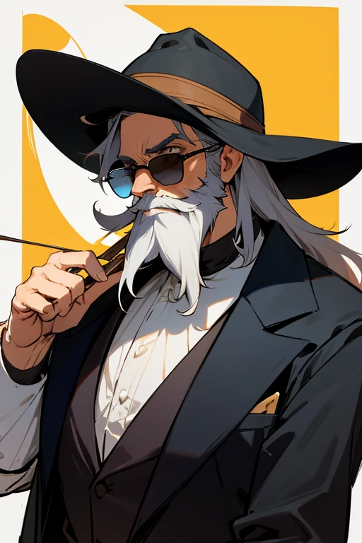 Homem velho, barba grande de cor grisalha, Rayban Sunglasses, black fedora hat, barba longa