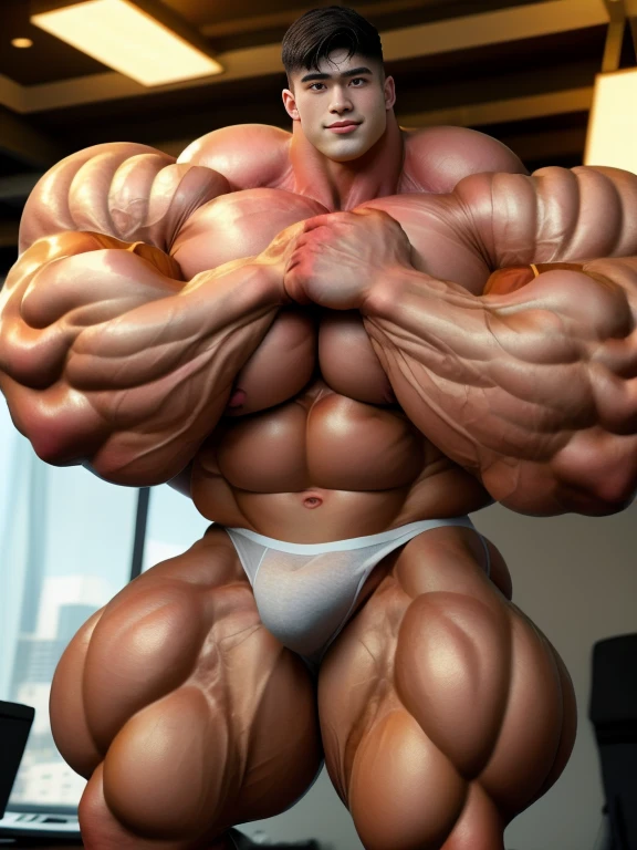 1 asian boy, giant, undercut black haircut, bodybuilder pose, indoor, at the studio, strong body, bulk, naked, wear white triangular underwear, bulge, big, brutalmass, giant, muscular body, bulk, massive body, large meaty body size, brown veiny skin, big arms, ballooning meaty pecs, big butt. wet, UHD, Realistic, intricate detail