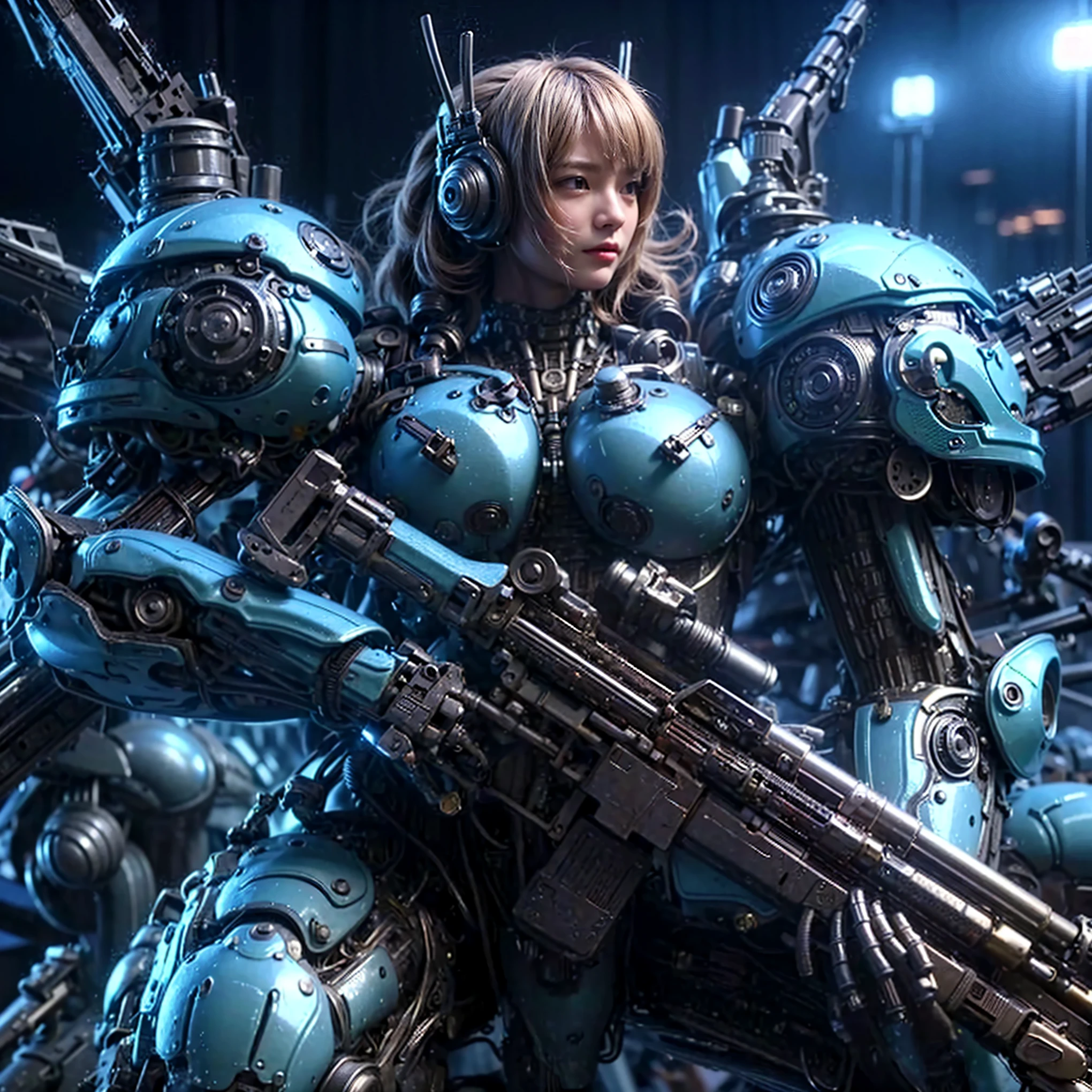 (Very intricate details)、(Extremely realistic texture) 、gloss々Texture、Squid-like raw material designed by Hajime Katoki々New Bio Insect Armor、1 person、Beautiful female soldier、Heavy Armor、Firearms、Backpack Weapons、Ultra-realistic、Full Body Shot、Night view of the bayside industrial area、Cinematic lighting