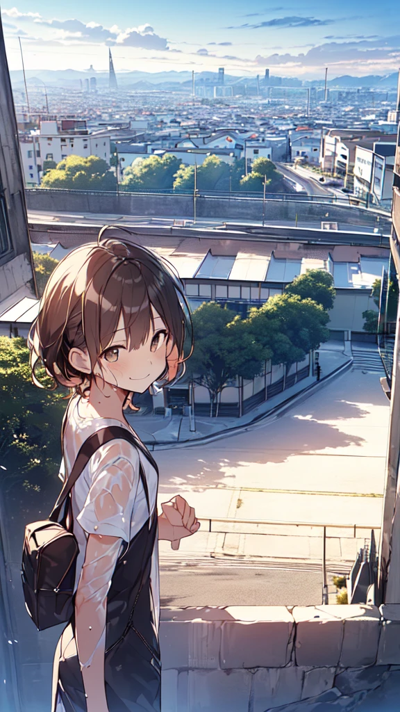 Tabletop, highest quality,figure, wallpaper, Super detailed, Absurd, One Girl, alone, ((Short brown hair), Wet Hair,Beautiful brown hair, Clear brown eyes, Slightly chubby,Small breasts,The butt is small,(((Teasing Smile))), , (street:1.3), Sunny bright sky、Hair blowing in the wind,(Panoramic View:1.5),(Depth:1.3),(Long Shot:1.3)