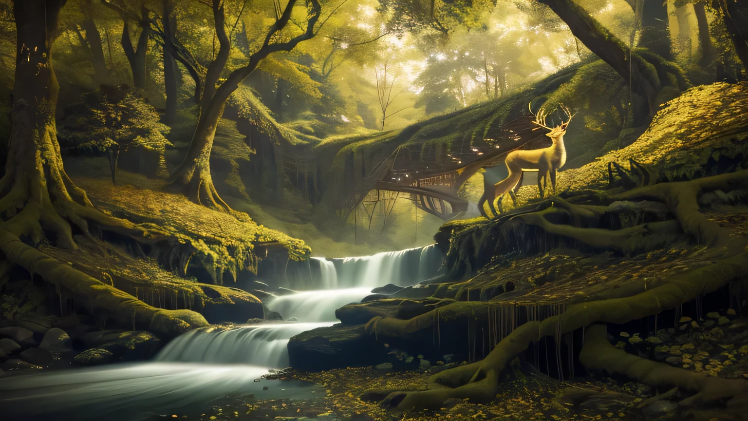 Captivating depiction of an enchanting forest landscape, immersed in the vibrant hues of Nature's beauty. This lush environment boasts towering emerald trees with golden leaves dancing in the breeze, twisted vines adorning the ground, and a sparkling brook meandering through the heart of the scene. A mystical aura permeates the air, with ethereal lights cast from the twilight sky, bathing the surroundings in a soft, enchanting glow.

In the foreground, a voluptuous, hourglass-figured deer stands calmly, her antlers adorned with intricate crescent moon designs. Her large, clear