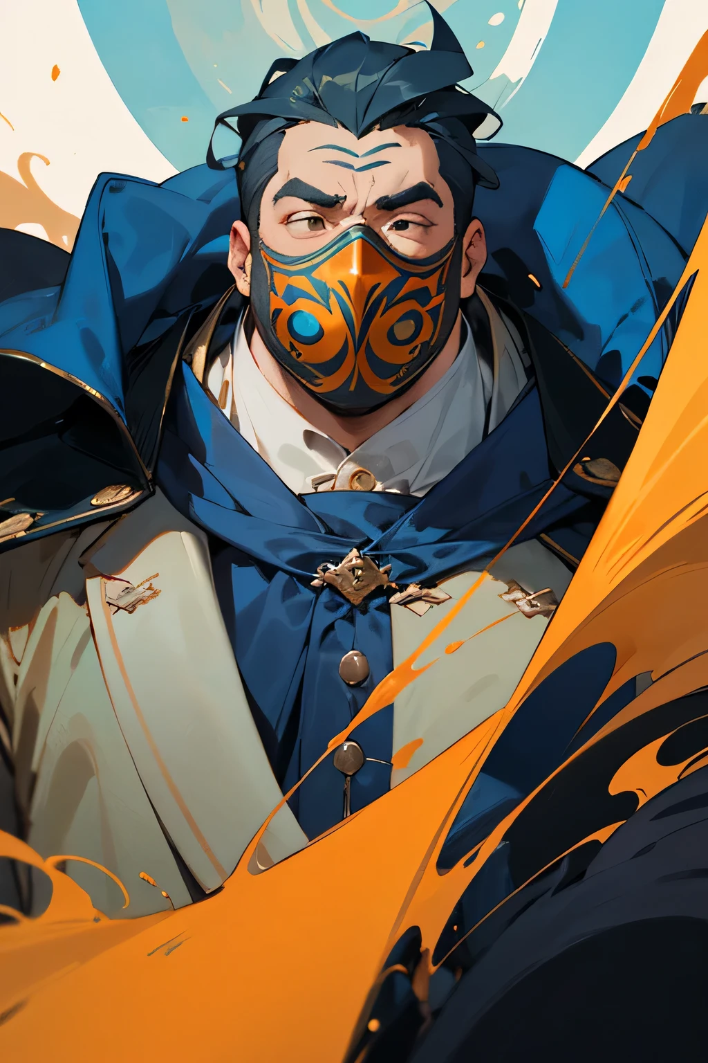 ((melhor qualidade)), ((Obra de arte)), (detalhado), perfect face I want a fat man with a mask with a dark blue coat with white and orange stripes on the shoulders