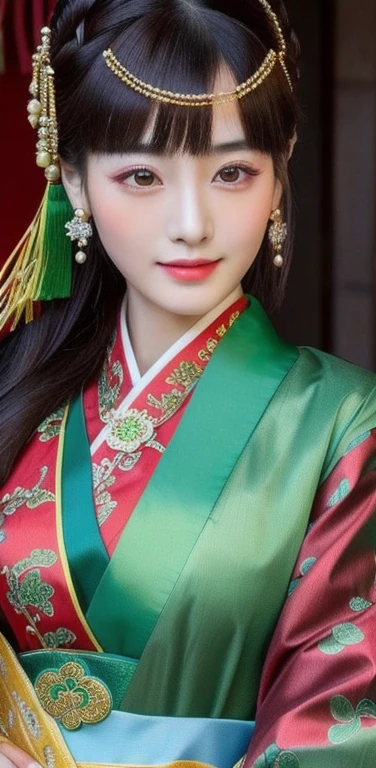 Close-up of a woman wearing a red and green dress, traditional chinese, Chinese style, Chinese woman, traditional makeup, Chinese girl, Chinese princess, Asian face, oriental face, Empress of China, Chinese dress, Chinese dress, traditional beauty, Southeast Asians with round faces, Inspired by Tang Di, Chinese heritage, Gorgeous Chinese model, traditional, beautiful oriental woman