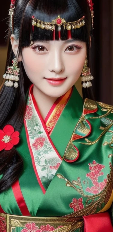 Close-up of a woman wearing a red and green dress, traditional chinese, Chinese style, Chinese woman, traditional makeup, Chinese girl, Chinese princess, Asian face, oriental face, Empress of China, Chinese dress, Chinese dress, traditional beauty, Southeast Asians with round faces, Inspired by Tang Di, Chinese heritage, Gorgeous Chinese model, traditional, beautiful oriental woman