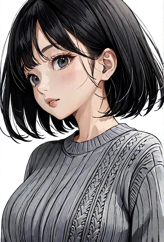 Black and white cartoon style、30 years old、Beautiful Wife、Short Bob Hair、sweater、skirt、Background white、No background、