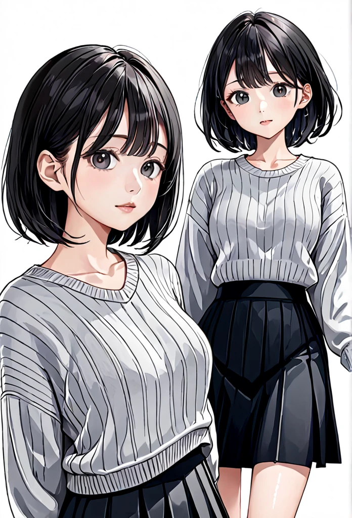 Black and white cartoon style、30 years old、Beautiful Wife、Short Bob Hair、sweater、skirt、Background white、No background、