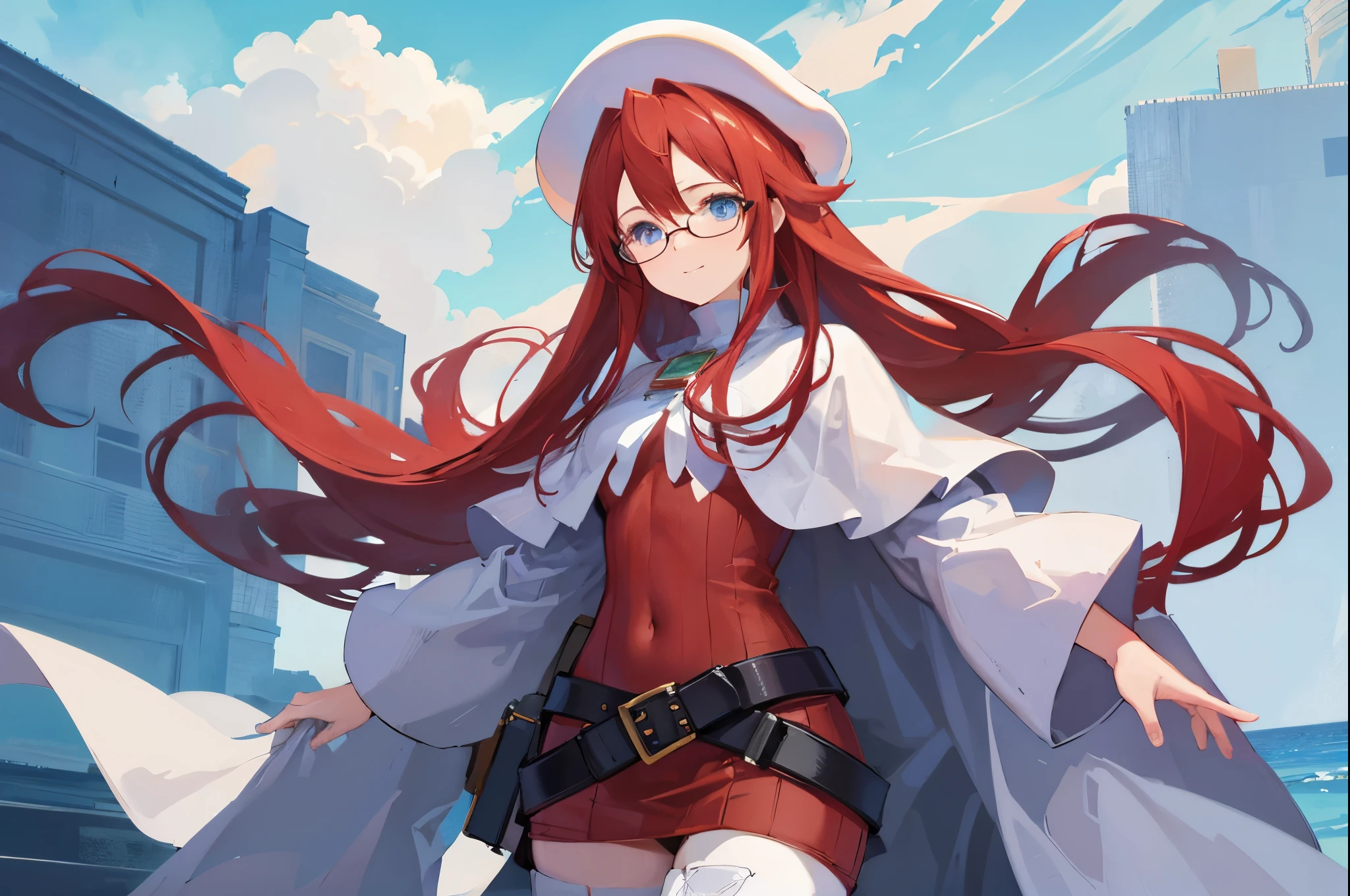 summonnightaty, aty, (young:1.3),long hair, blue eyes, red hair, big_berets, hat, glasses,
BREAK long hair, thighhighs, hat, dress, naked_legs, glasses, belt, cape, sweater, zettai ryouiki, beret, thigh boots, white footwear, ribbed sweater, loose belt,solo,
BREAK outdoors, fantasy,on_beach,
,Highquality_hads,perfect_fingers,
BREAK (masterpiece:1.2), best quality, high resolution, unity 8k wallpaper, (illustration:0.8), (beautiful detailed eyes:1.6), extremely detailed face, perfect lighting, extremely detailed CG, (perfect hands, perfect anatomy),covered_nipples,covered_navel ,half_eyes,long_sword,sleepy,standing,red_sweater,apart_knees,magical_effect,spread_legs, have_a_book,teacher,rise_knee,Smile,rise_hand,look_down_viewer,spread_arms,sea​_waves,looking_into,blue_sky,sitting