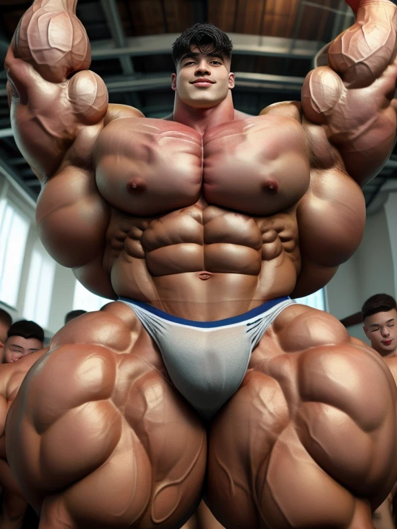 1 asian boy, giant, undercut black haircut, bodybuilder pose, indoor, at the studio, strong body, bulk, naked, right armpit, wear white triangular underwear, bulge, big, brutalmass, giant, muscular body, bulk, massive body, large meaty body size, brown veiny skin, big arms, ballooning meaty pecs, big butt. wet, UHD, Realistic, intricate detail