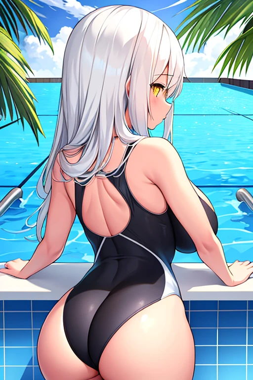 1girl, facing away, looking away, facing at another, looking at another, dark skin, one-piece swimsuit, competition swimsuit, breasts, ass, ass focus, hourglass figure, white hair, long hair, yellow eyes, pool, poolside, from behind,