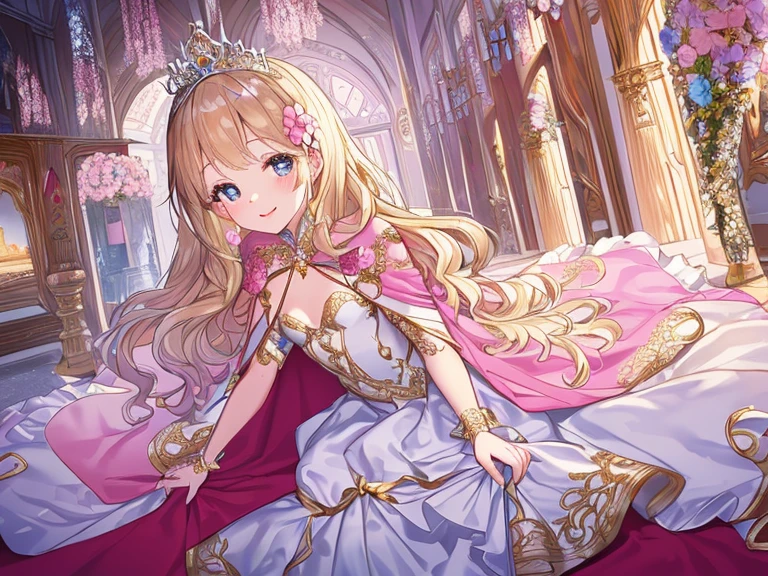 (kawaii),(best quality),(ultra detailed),(rococo style),(long train pastel pink cape:1.15), very long cape,(long train white ball gown with flower decorations:1.1), a girl is wearing a cape over her gown, 1 little princess, tiara, smile, very long hair, small breasts, beautiful detailed eyes, beautiful detailed lips, looking at viewer
