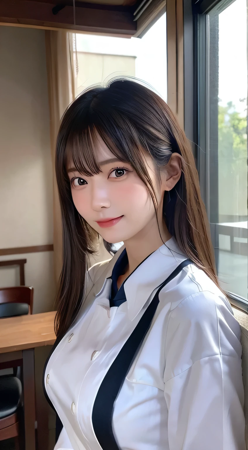 (top-quality,masterpiece:1.3,超A high resolution,),(ultra-detailliert,Caustics),(Photorealsitic:1.4,RAW shooting,)Ultra-realistic capture,A highly detailed,High resolution 16K human skin close-up。 Skin texture is natural、,The pores are、Must be detailed enough to be easy to identify。 Skin should look healthy with even tones。 Use natural light and color,resturant,Waitress uniform,1 girl,japanes,18year old,kawaii,A dark-haired,Middle hair,large boob,smil,Turn your body to the front,(front-facing view:1.1),Looking at the camera,cowboy shot,Gaze,boob focused,Close-up